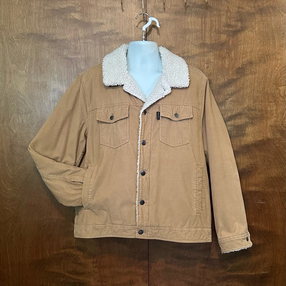 Calvin Klein Sherpa Trimmed Corduroy Jacket Mens XL Tan Cotton Long Sleeve Coat